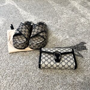 Gucci beige and blue purse and sandals.